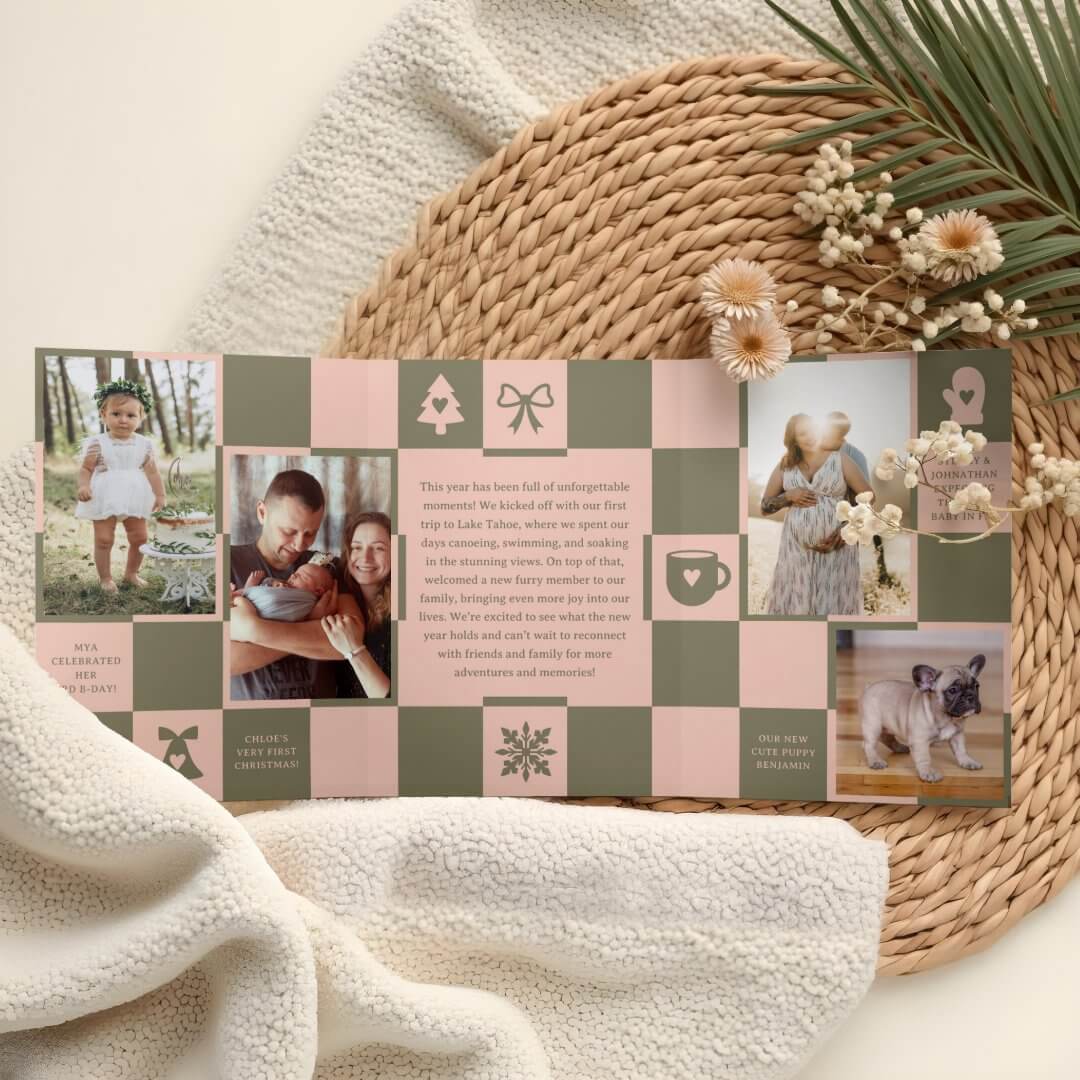 Year in Review Retro olive Green And Blush Pink Checkered Christmas Photos Tri-Fold Holiday Card