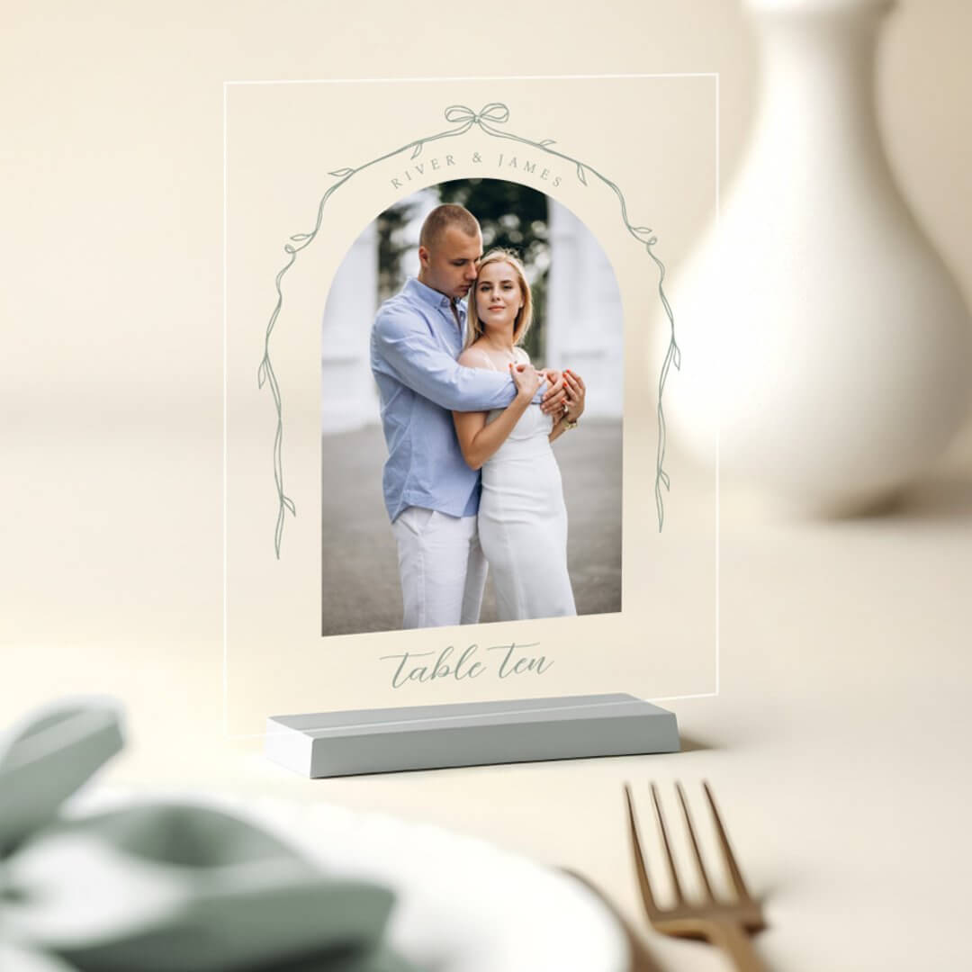 Arch Photo Green Bow & Ribbon Wedding Table Number Acrylic Sign