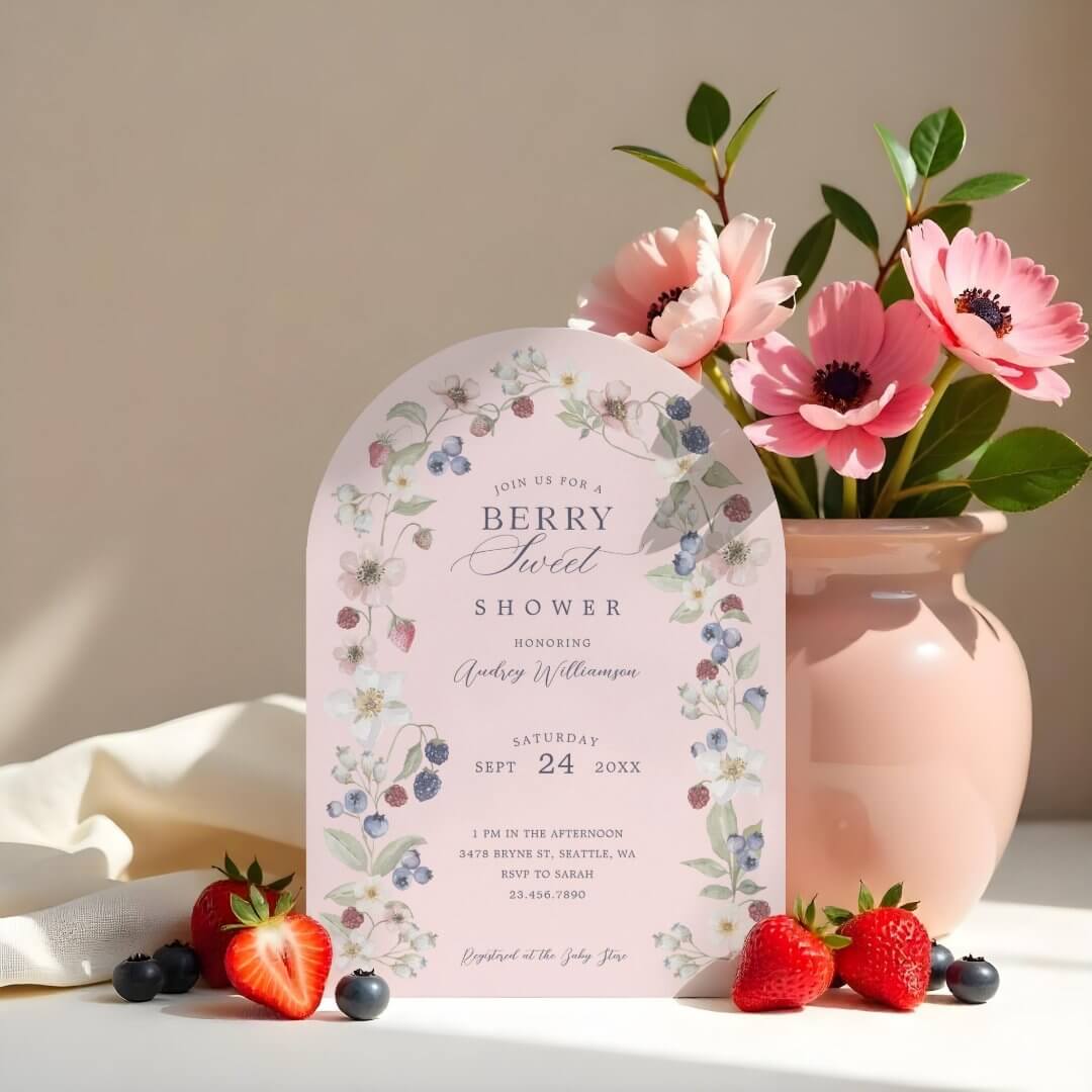 Berry Sweet Baby Shower Wild Berries & Flowers Pink Arch Invitation