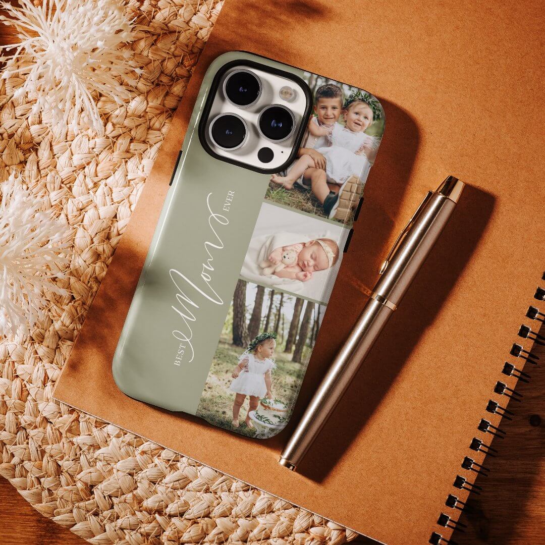 Best Mom Ever Script Mother's Day 3 Photo Collage Green Case-Mate iPhone Case