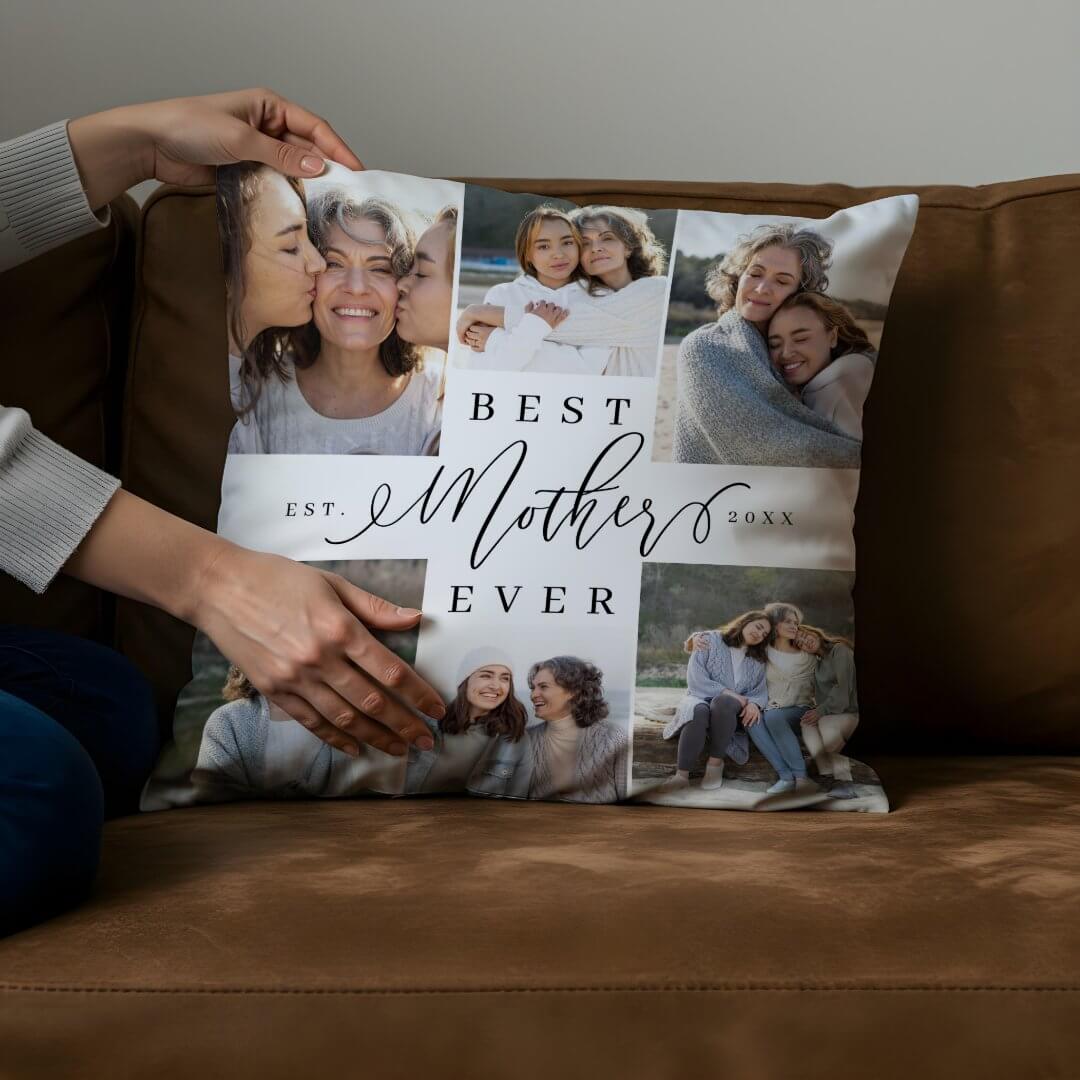Best Mother Ever Script Photo Collage Keepsake Throw Pillow