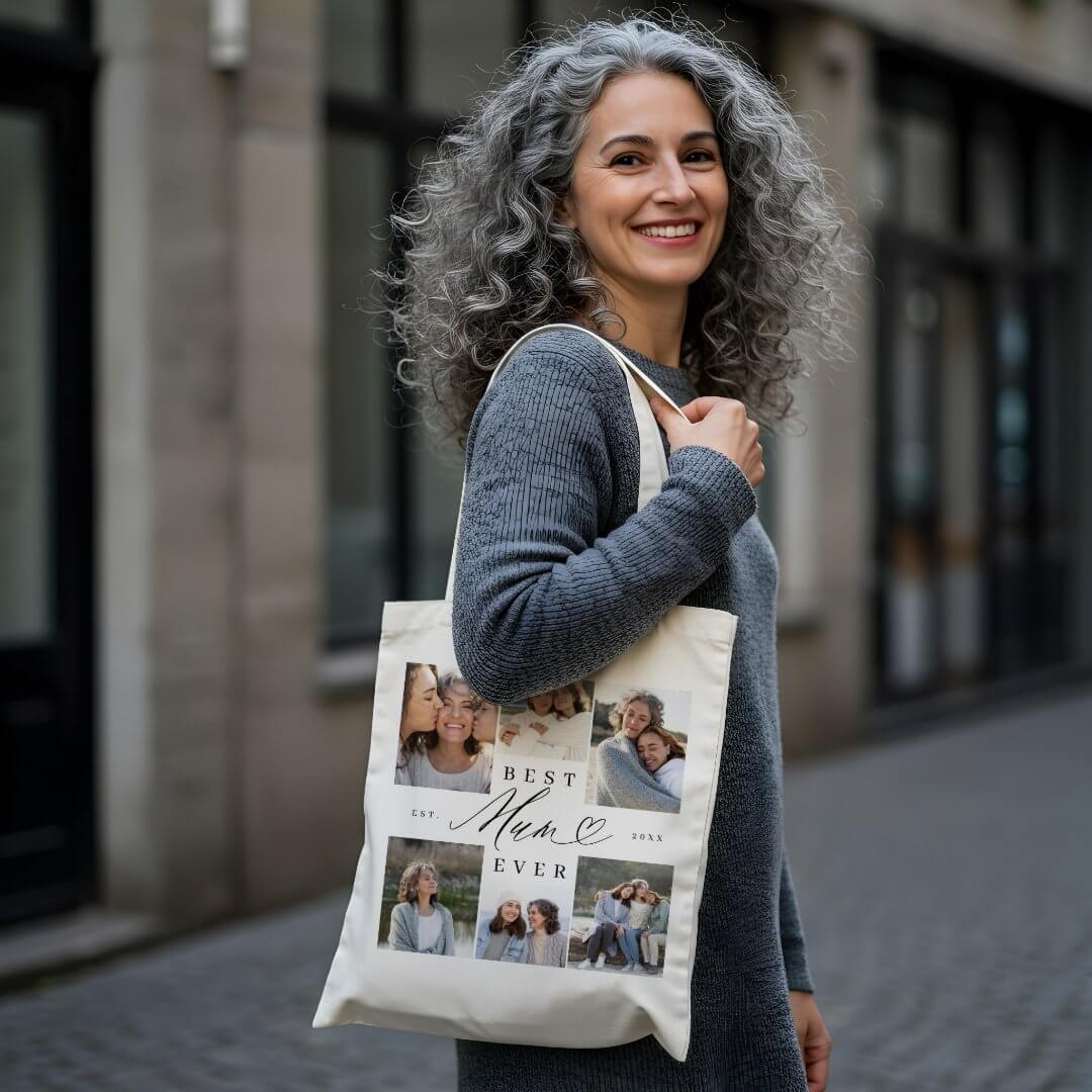 Best Mum Ever Elegant Script Heart Photo Collage Tote Bag