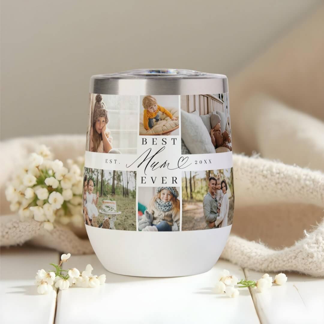 Best Mum Ever Script Mother's Day Photo Collage Thermal Wine Tumbler