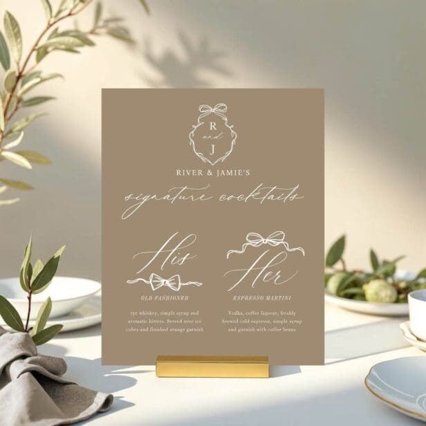 Chic Bows & Bowtie His Her Signature Drink Wedding Beige Acrylic Sign