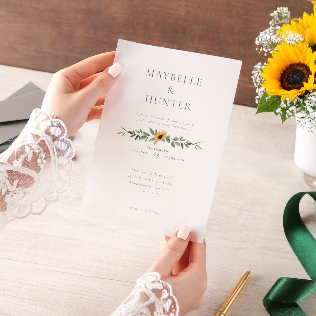 Chic Country Watercolor Floral Sunflowers Wedding Vellum Invitations