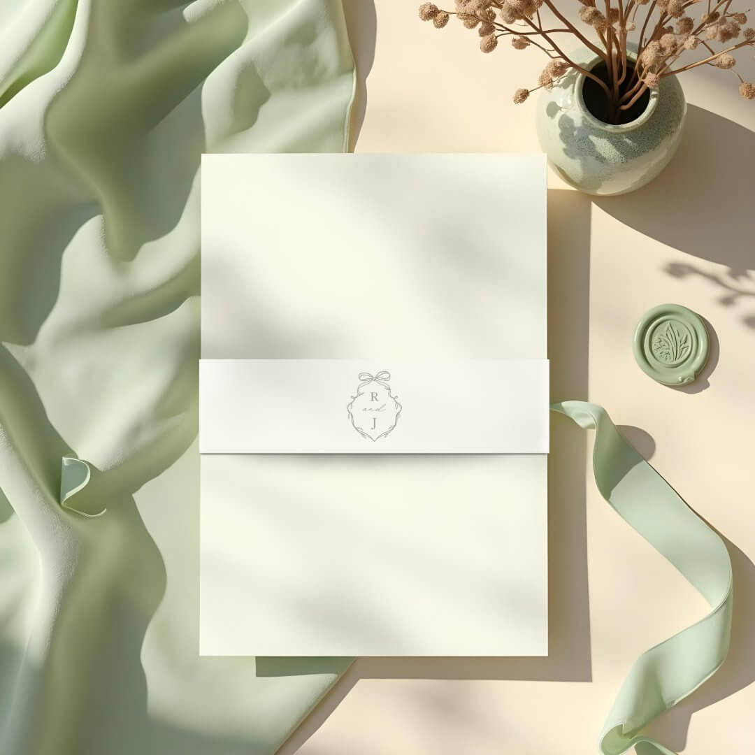 Chic Green Hand Drawn Bow & Ribbon Monogram Crest Invitation Belly Band