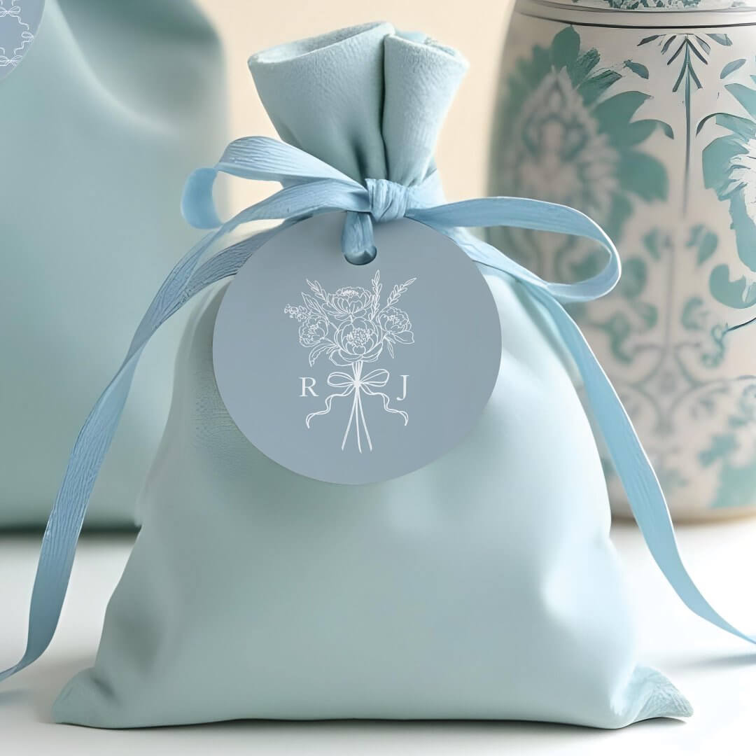 Chic Hand Drawn Bow & Floral Bouquet Monogram Favor Tags