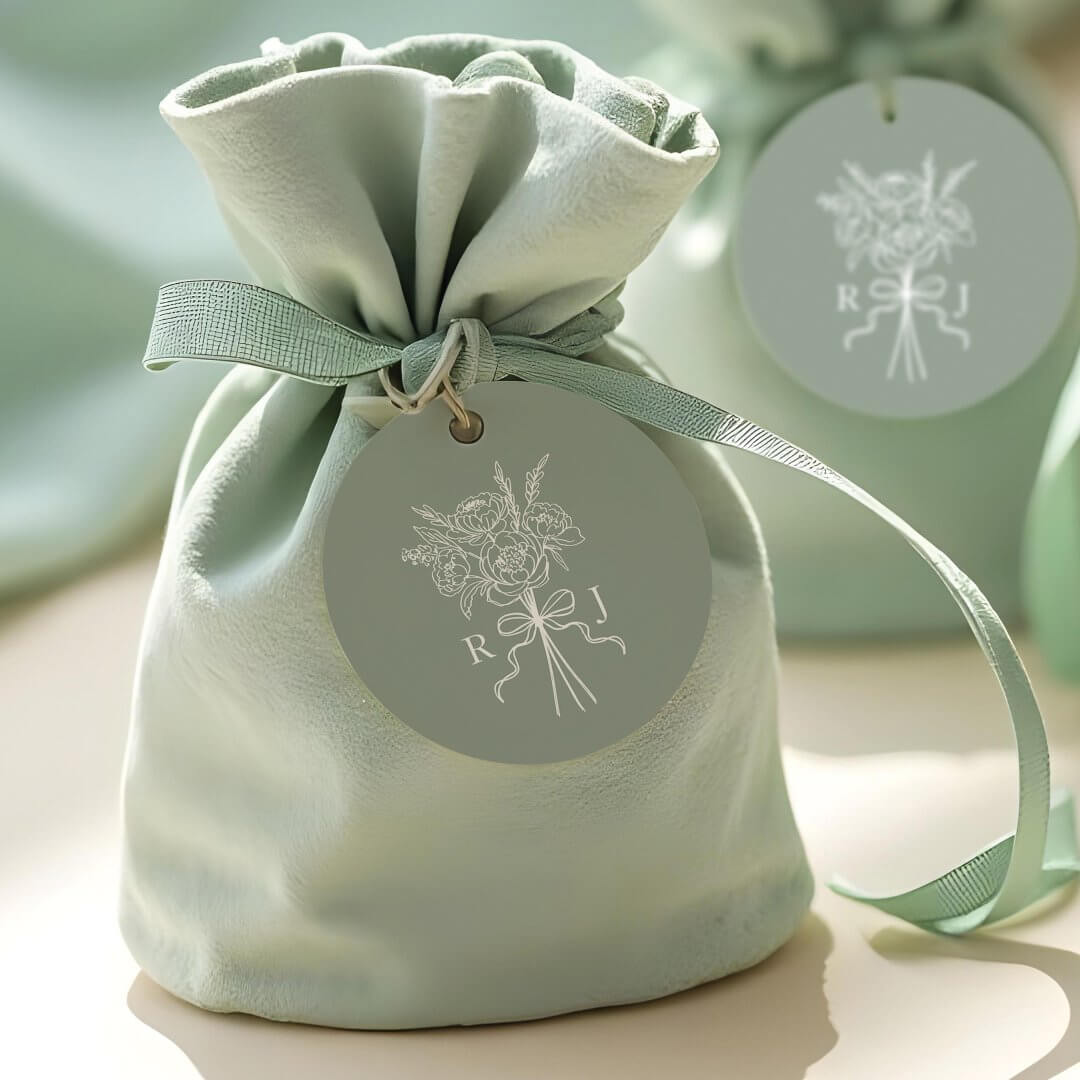 Chic Hand Drawn Green Bow & Floral Bouquet Monogram Favor Tags
