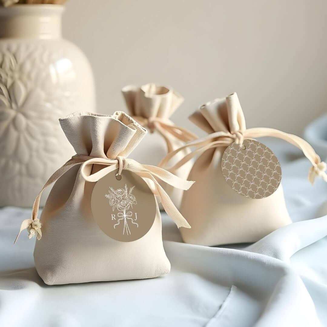 Chic Hand Drawn Beige Bow & Floral Bouquet Monogram Favor Tags