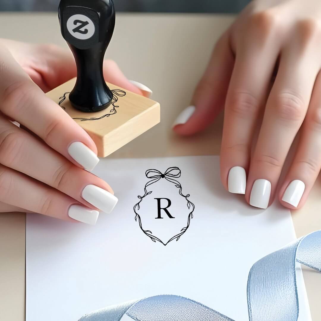 Chic Hand Drawn Bow & Ribbon Monogram Crest Rubber Stamp