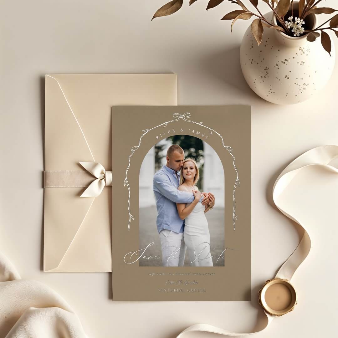 Elegant Beige Hand Drawn Bow Ribbon Save The Date Foil Invitation