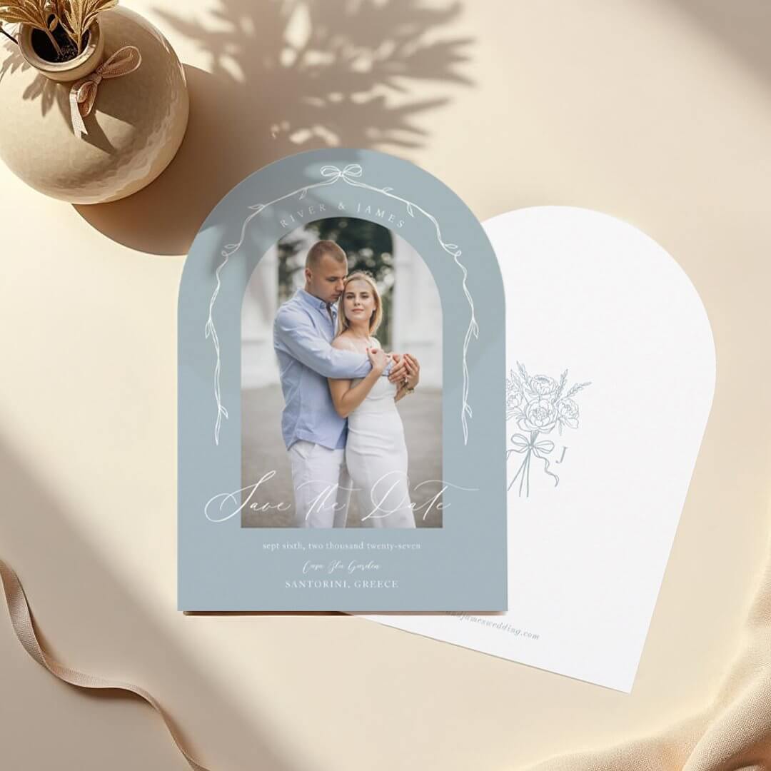 Elegant Blue Hand Drawn Bow & Ribbon Arch Photo Save The Date