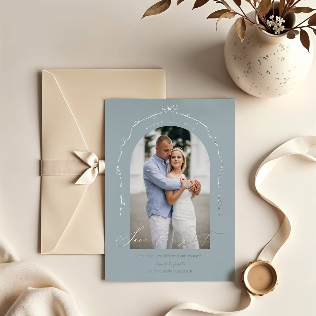 Elegant Blue Hand Drawn Bow Ribbon Save The Date Foil Invitation