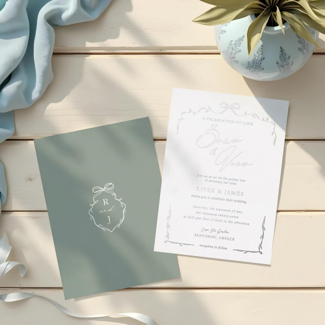 Elegant Green Hand Drawn Bow & Ribbon Wedding Foil Invitation