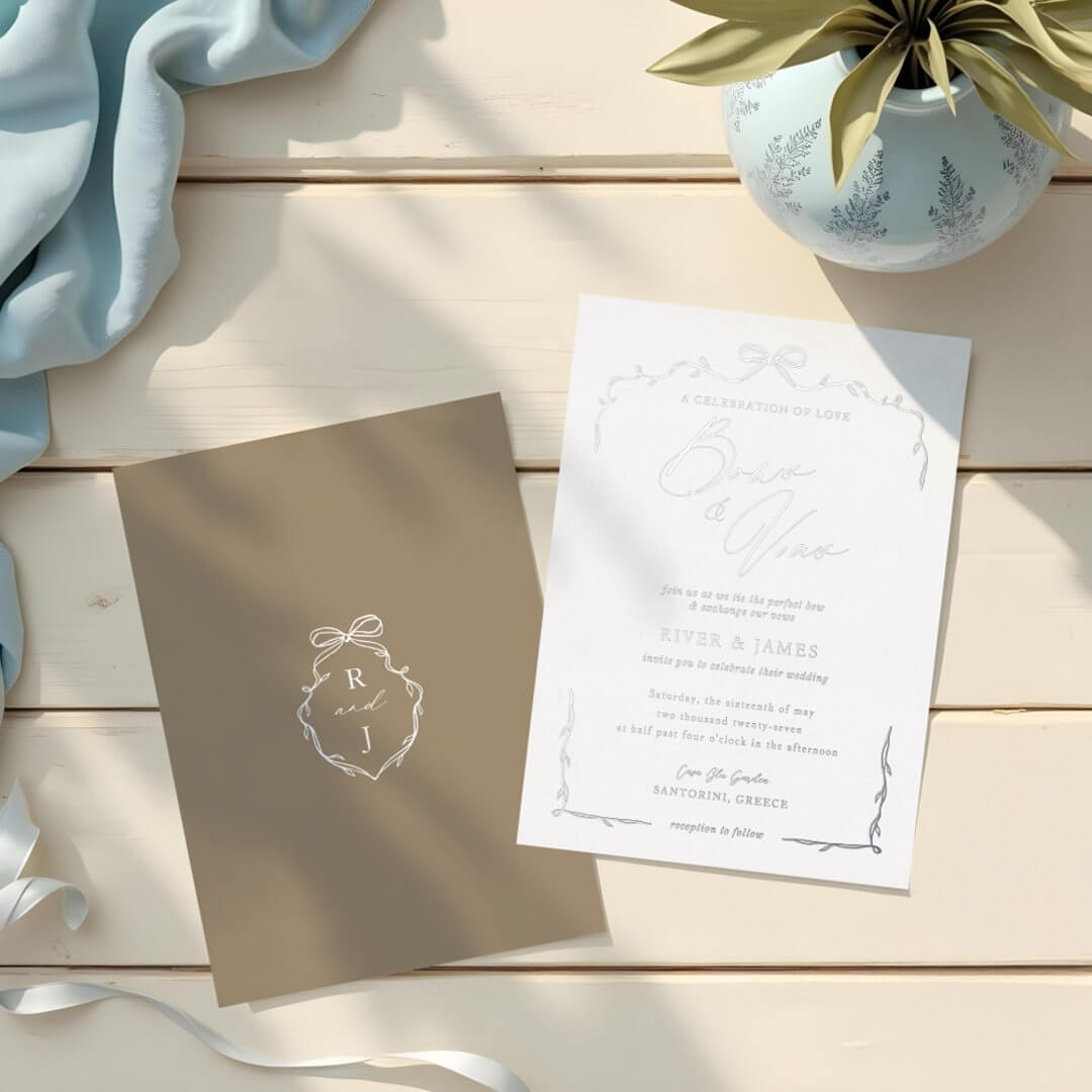 Elegant Beige Hand Drawn Bow & Ribbon Wedding Foil Invitation