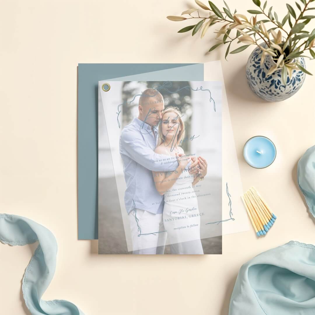 Elegant Blue Hand Drawn Bow & Ribbon Wedding Vellum Invitations