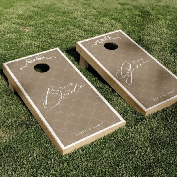 Elegant Bows & Bowties Team Bride & Groom Wedding Beige Cornhole Set