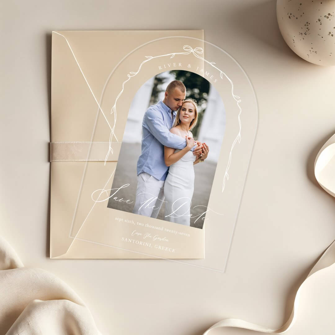 Elegant Chic Hand Drawn Bow & Ribbon Arch Photo Acrylic Invitations