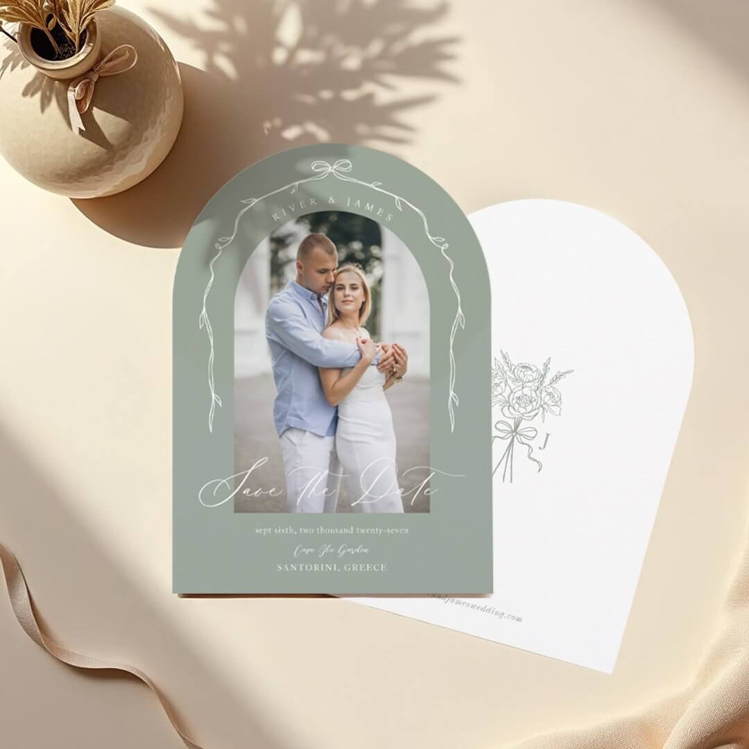 Elegant Beige Hand Drawn Bow & Ribbon Arch Photo Save The Date