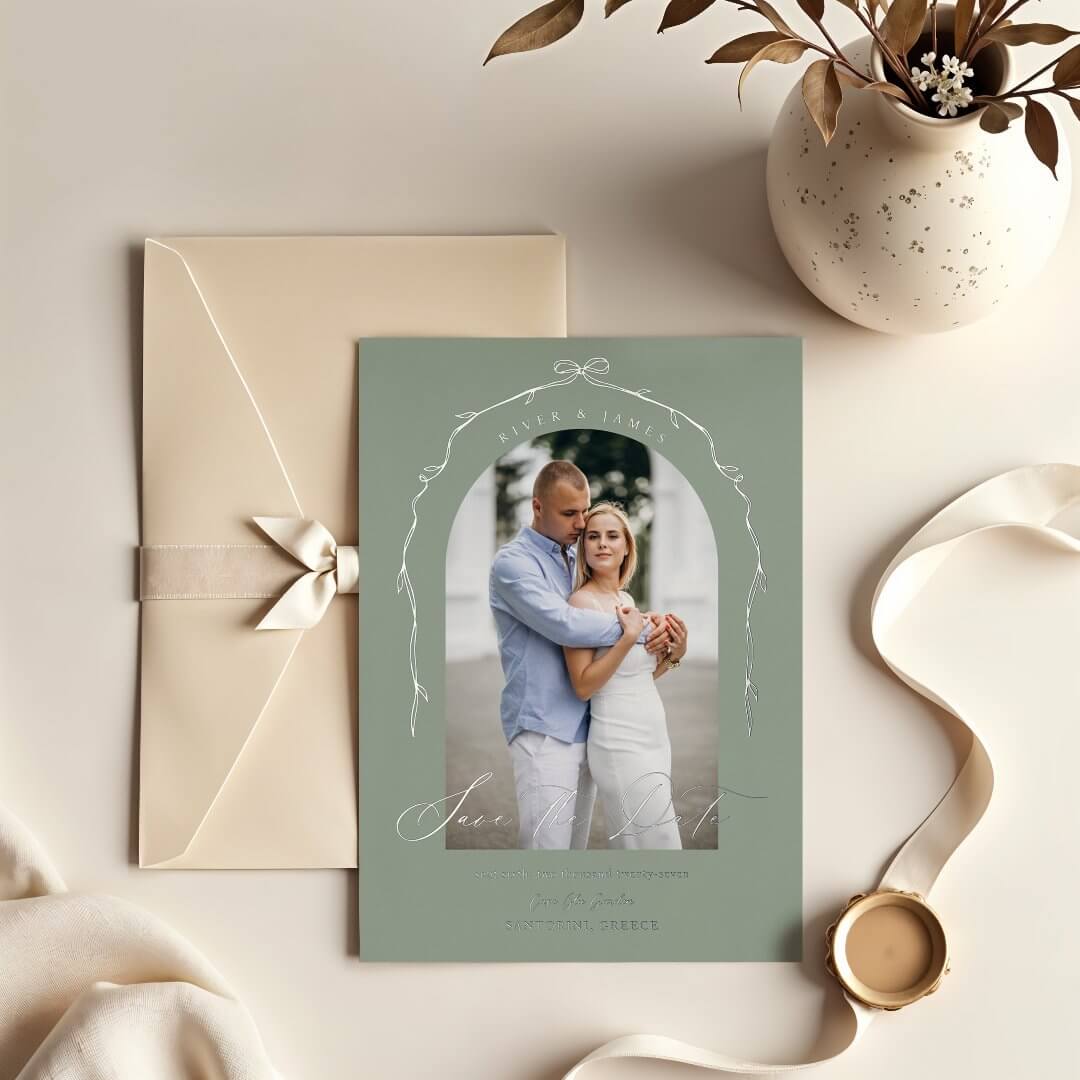 Elegant Green Hand Drawn Bow Ribbon Save The Date Foil Invitation