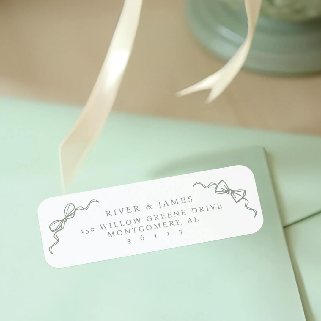 Elegant Hand Drawn Green Bow & Bowties Vintage Wedding Label
