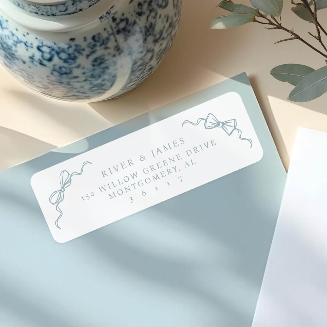 Elegant Hand Drawn Blue Bow & Bowties Vintage Wedding Label