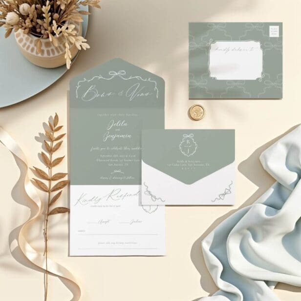 Elegant Hand Drawn Green Bow & Ribbon Monogram Wedding All In One Invitation