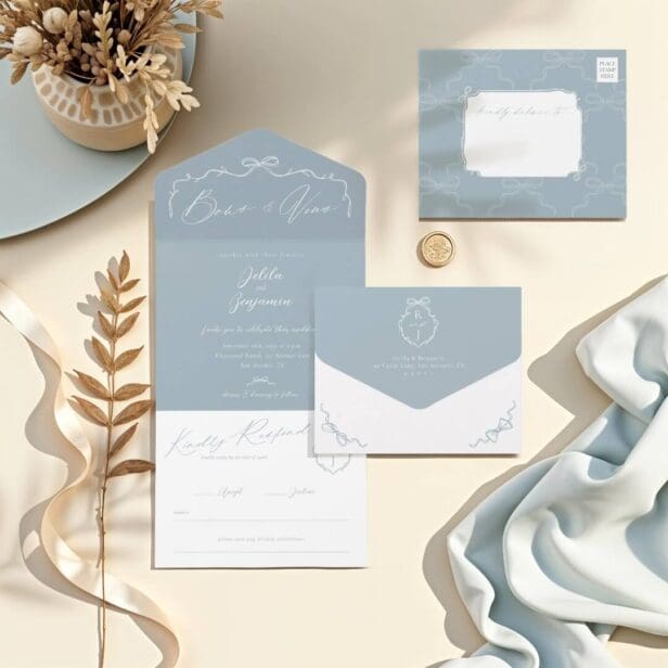 Elegant Hand Drawn Blue Bow & Ribbon Monogram Wedding All In One Invitation
