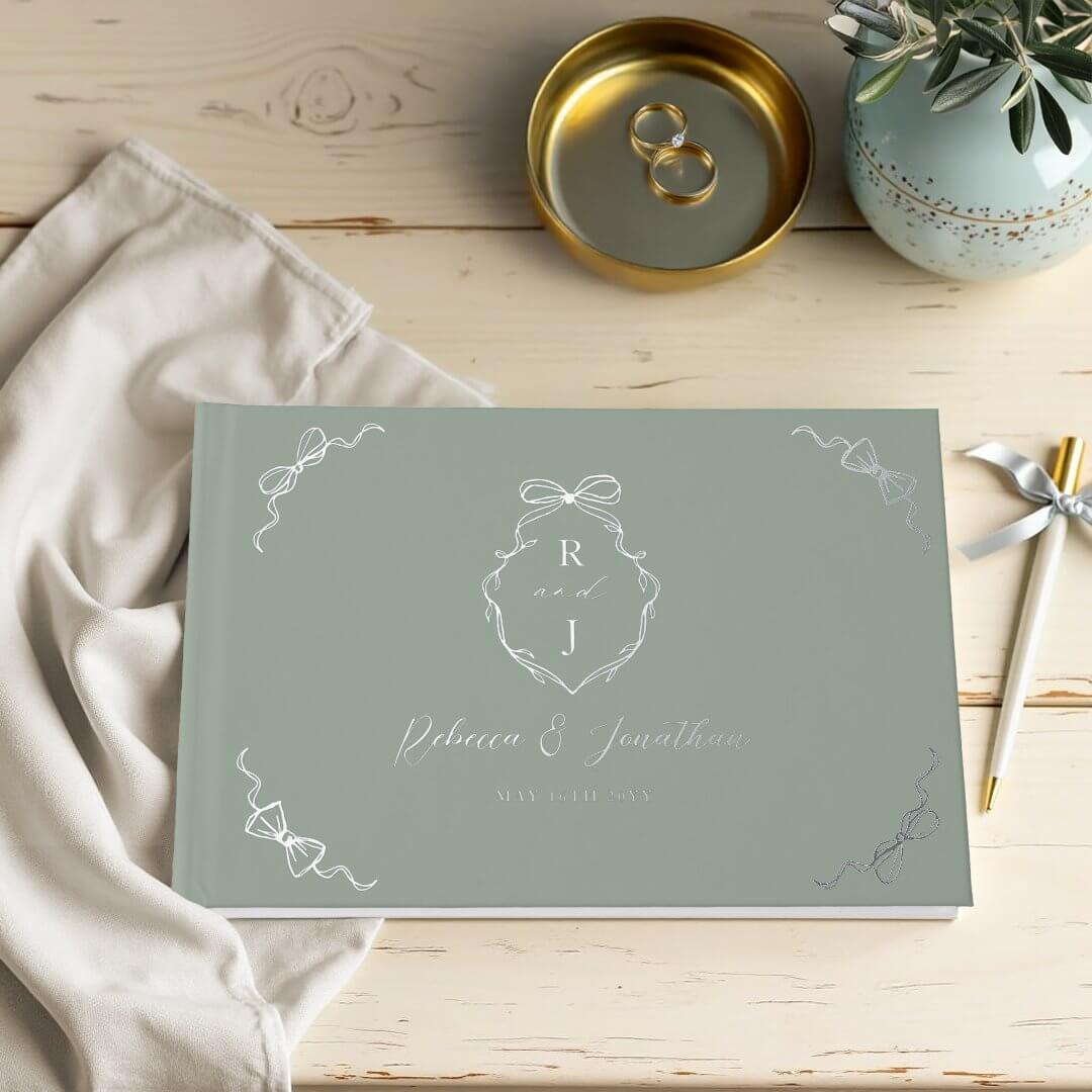 Elegant Hand Drawn Green Bow & Ribbon Monogram Wedding Foil Guest Book