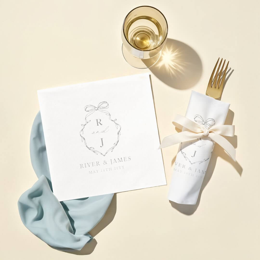 Elegant Hand Drawn Bow & Ribbon Monogram Wedding Foil Napkins