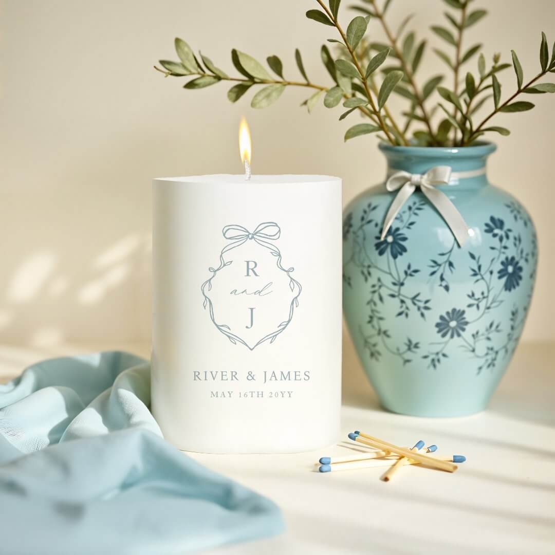 Elegant Hand Drawn Bow & Ribbon Monogram Wedding Pillar Candle