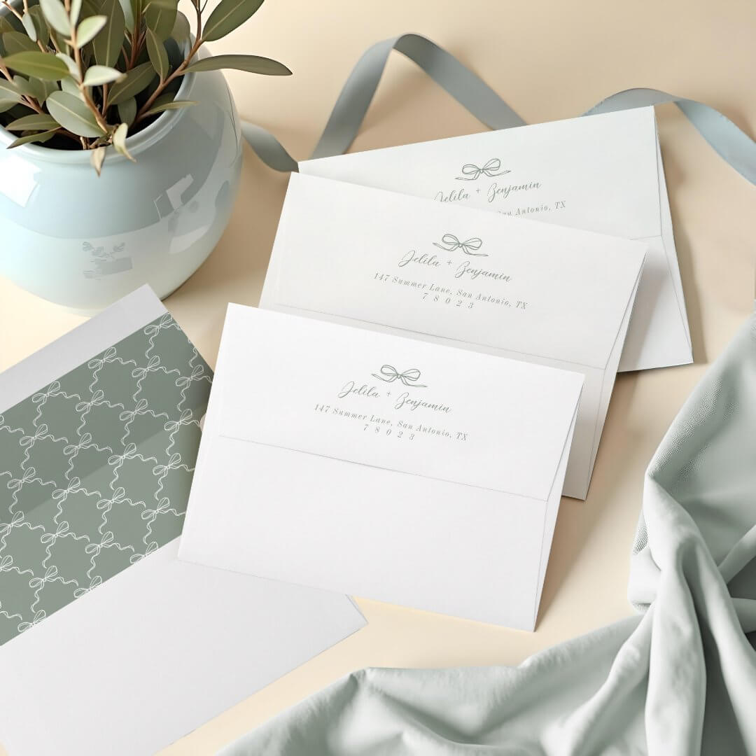 Elegant Hand Drawn Green Bow & Ribbon Wedding Envelope