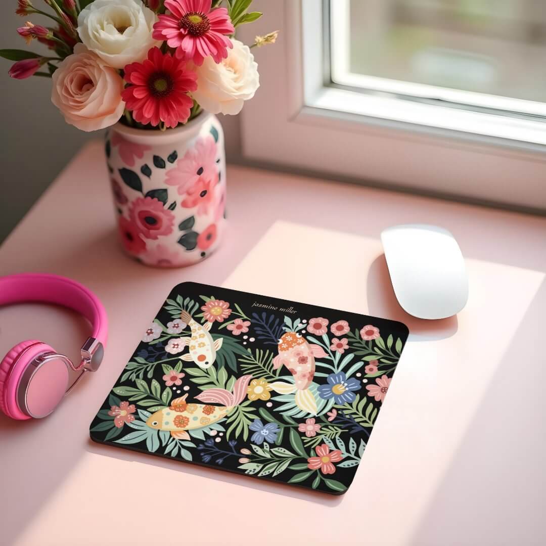 Elegant Tropical Floral Botanical Koi Fish Pond Mouse Pad