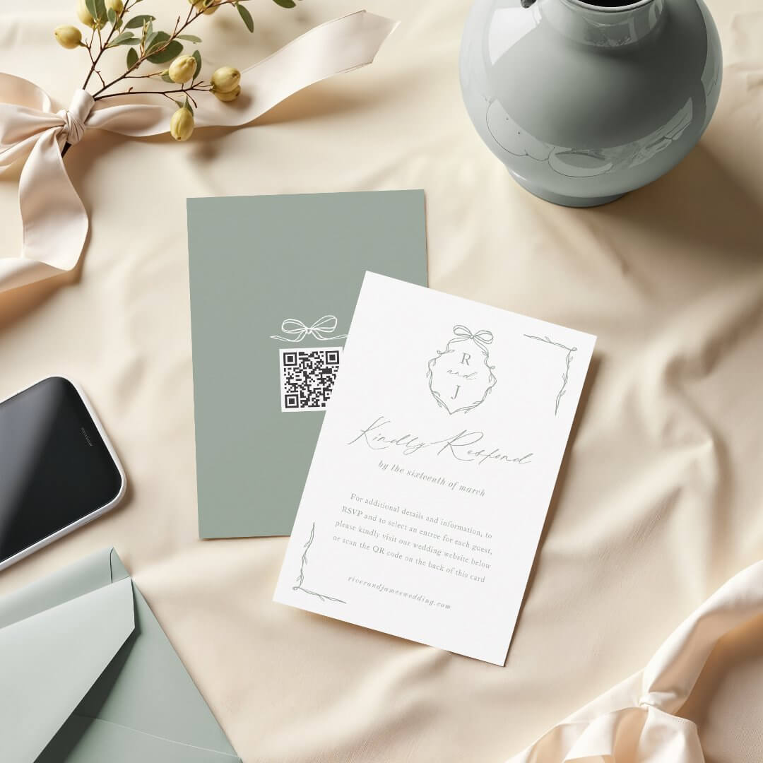 Hand Drawn Green Bow & Ribbon Monogram Crest Wedding RSVP Card