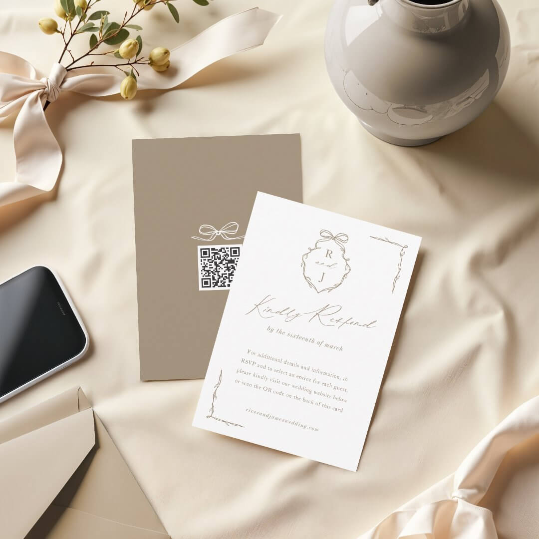 Hand Drawn Beige Bow & Ribbon Monogram Crest Wedding RSVP Card