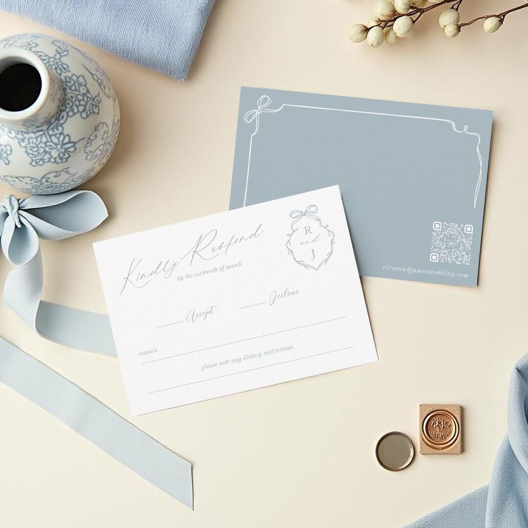 Hand Drawn Blue Bow & Ribbon Monogram Crest Wedding RSVP Card