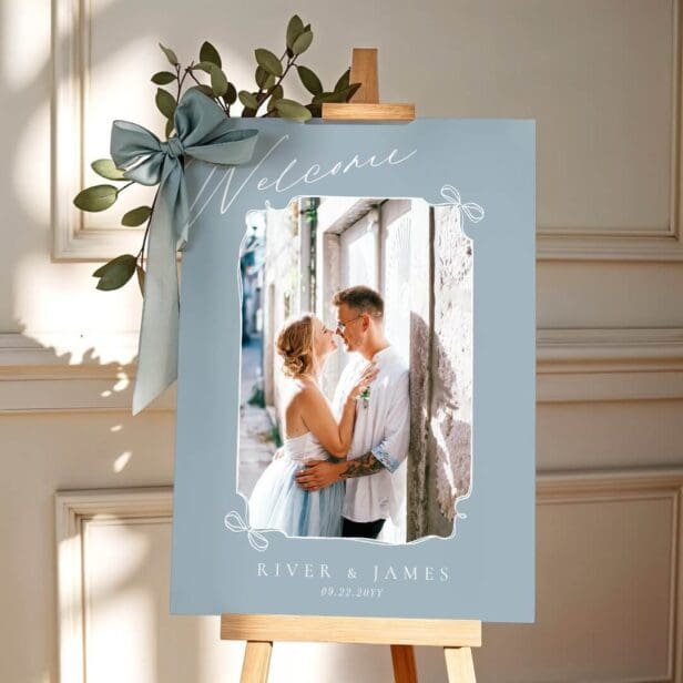 Hand Drawn Blue Bow & Ribbon Wedding Photo Welcome Foam Board