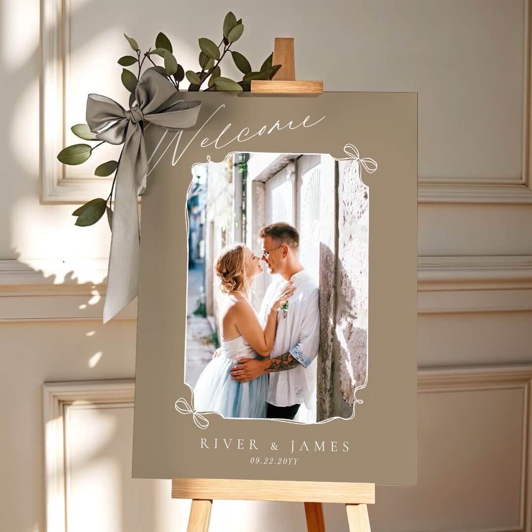 Hand Drawn Beige Bow & Ribbon Wedding Photo Welcome Foam Board