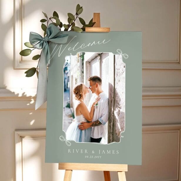 Hand Drawn Green Bow & Ribbon Wedding Photo Welcome Foam Board
