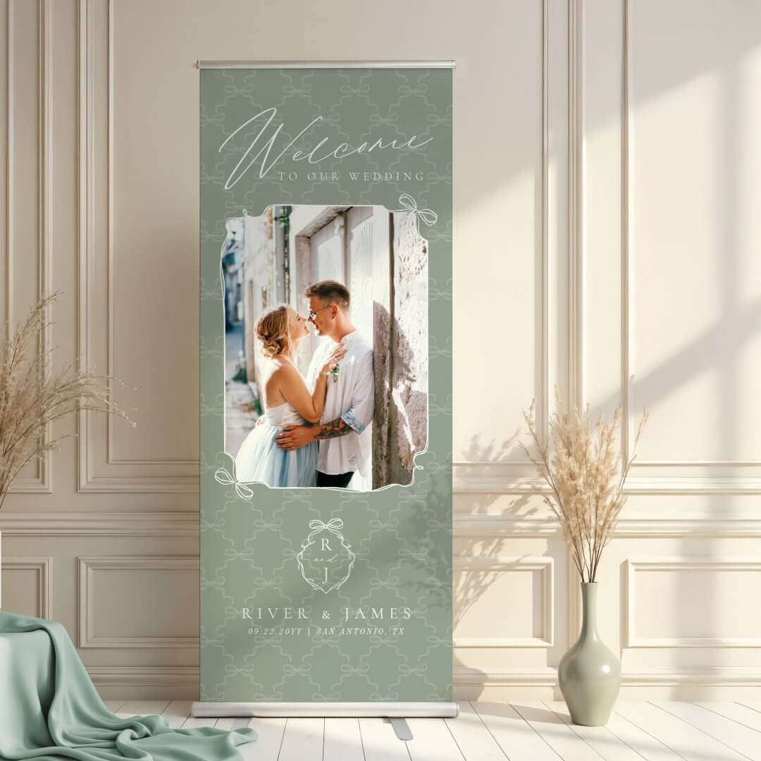 Hand Drawn Chic Green Bow & Ribbon Wedding Photo Welcome Retractable Banner