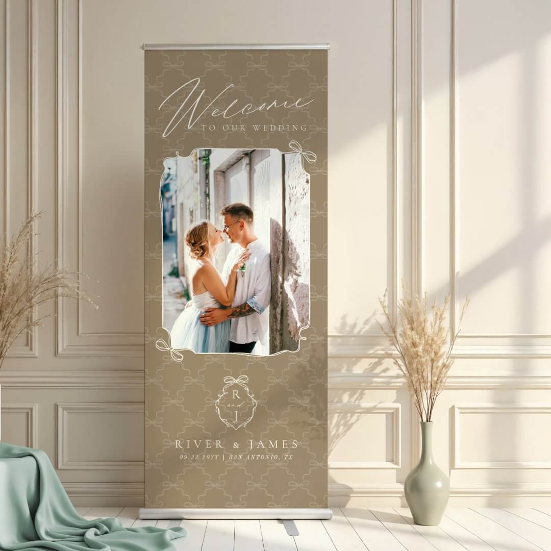 Hand Drawn Chic Beige Bow & Ribbon Wedding Photo Welcome Retractable Banner