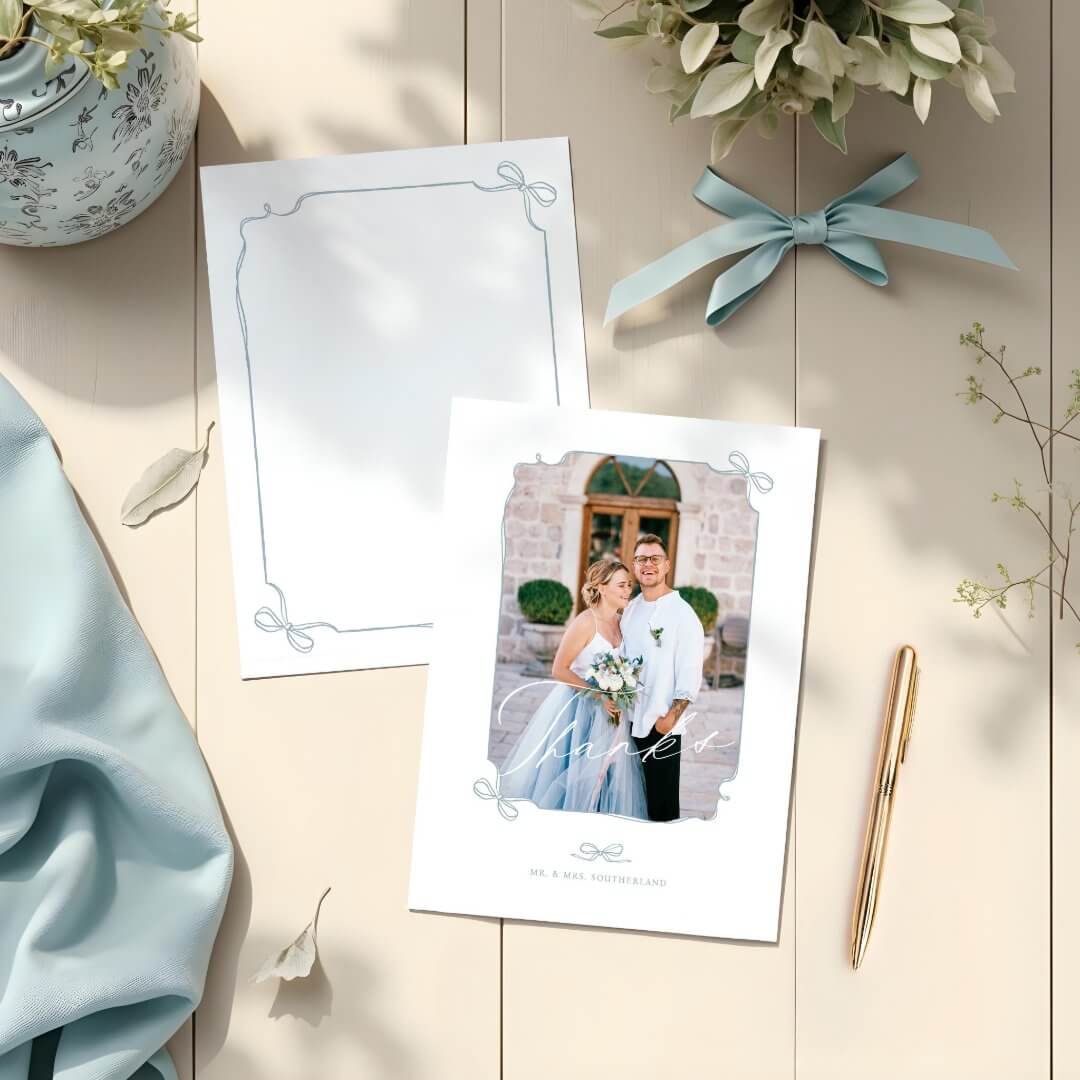 Minimal Blue Bow & Ribbon Photo Frame Script Wedding Thank You Card