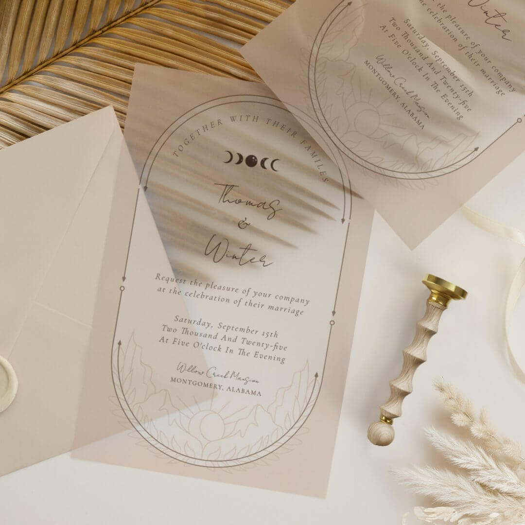 Minimal Celestial Holistic Moon & Stars Monogram Vellum Invitations