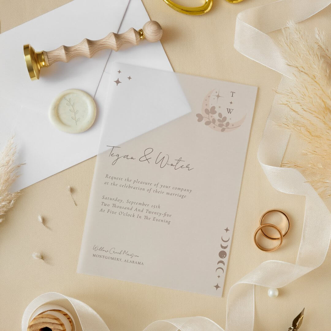 Minimal Celestial Holistic Moon & Stars Monogram Vellum Invitations