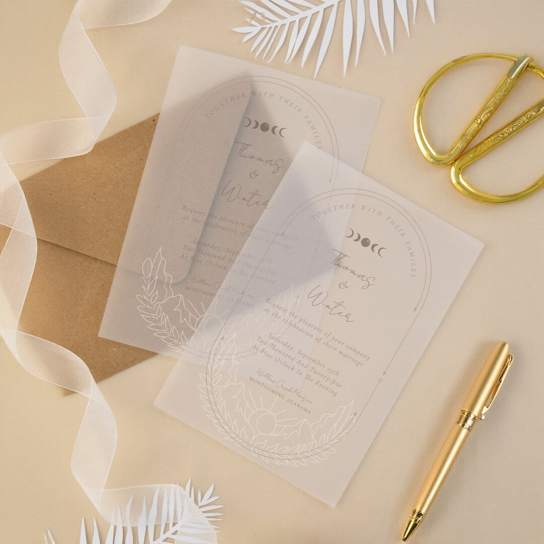 Minimal Celestial Holistic Moon & Stars Monogram Vellum Invitations