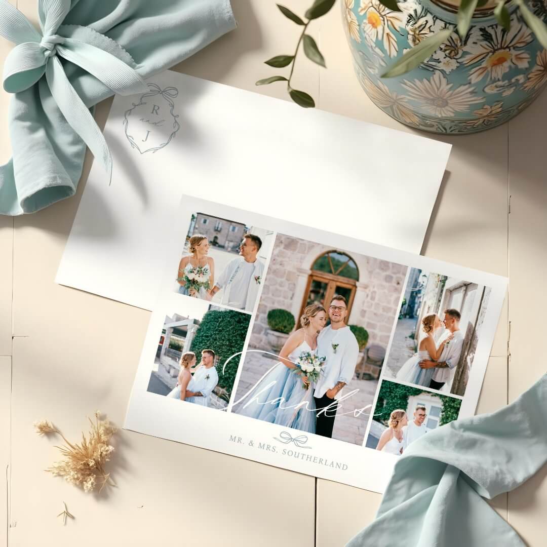 Minimal Photo Collage Script Wedding Blue Bow Monogram Thank You Card