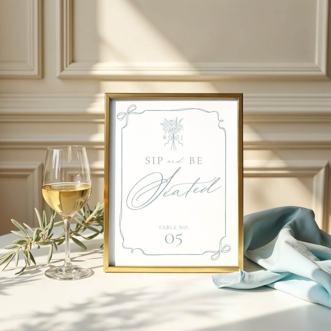 Sip & Be Seated Bow Ribbon Floral Monogram Wedding Poster