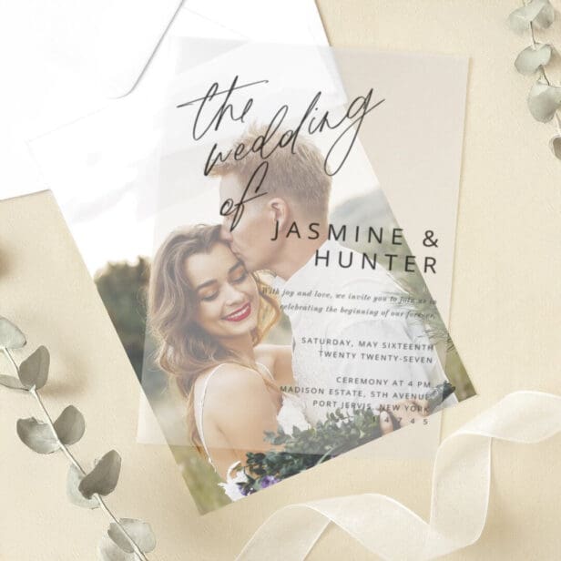 The Wedding of Minimal Modern Black Script Wedding Vellum Invitations
