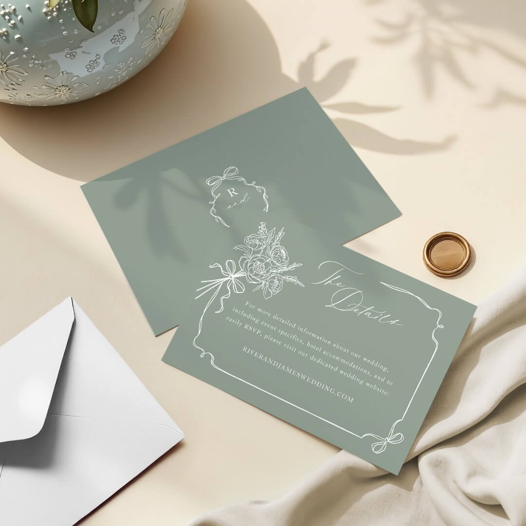 Wedding Details Hand Drawn Green Bow & Ribbon Bouquet Enclosure Card