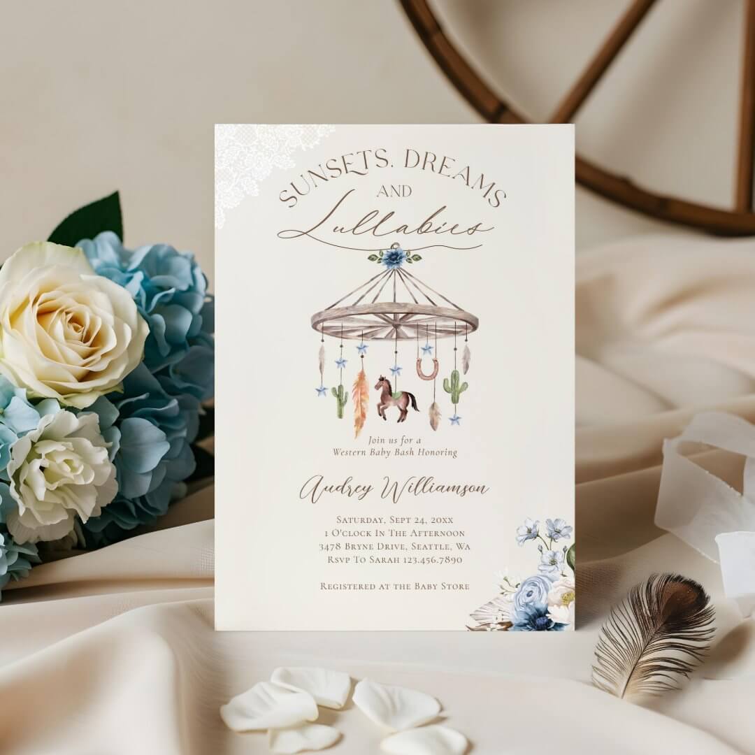 Boho Rustic Wagon Wheel Mobile Western Baby Shower Invitation